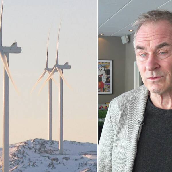 Delad bild: vindsnurror på en snöig topp, samt Sverker Sörlin – en medelåldersman med grått hår och kavaj
