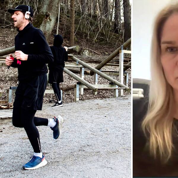 Tvådelad bild: En löpare ser trött ut när han springer förbi ett utegym och dietisten Emma Lindblom.