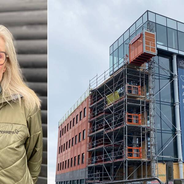 Bild på kvinna, som heter Bodil Frigren Ericsson och är Liberalernas gruppledare i Karlshamn. Samt bild på byggarbetsplatsen på Östra Piren i Karlshamn.