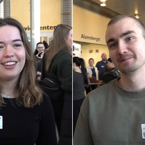 Rebecka Oppigard, med långt brunt hår ler framför en folksamling på Mittuniversitet och Elias Ek i samma miljö.