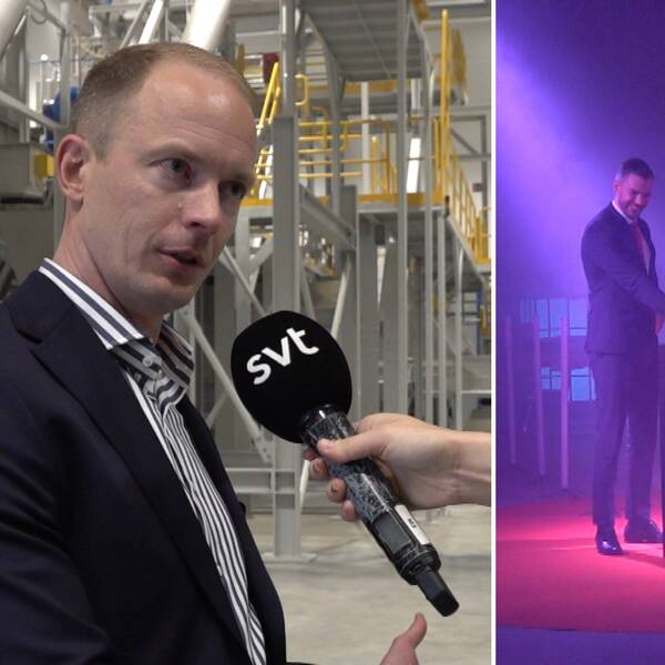 Marcus Martinsson inviger en anläggning för återvinning av elbilsbatterier i Halmtstad