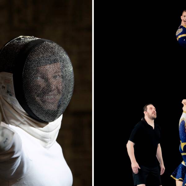 Bild på en kvinna som fäktas och en som håller på med cheerleading.