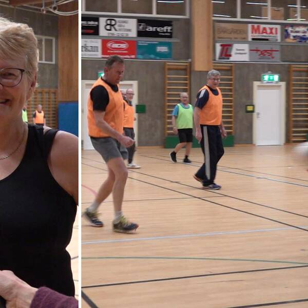 Kvinna i svart träningslinne ler mot kameran, inhomhusfotboll, gåfotboll, män i gula och orange västar spelar fotboll i Ronneby sporthall.