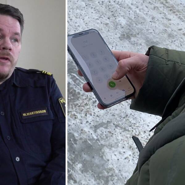 Till vänster polisen, Mattias Martinsson. Till höger i den uppdelade bilden en man som ringer 112.