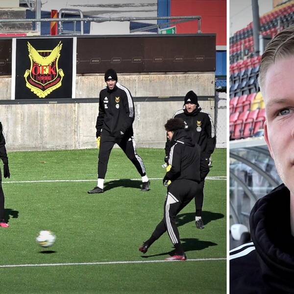 Svartklädda fotbollsspelare tränar på en grön konsgräsplan. ÖFKs emblem syns på en mur i bakgrunden.