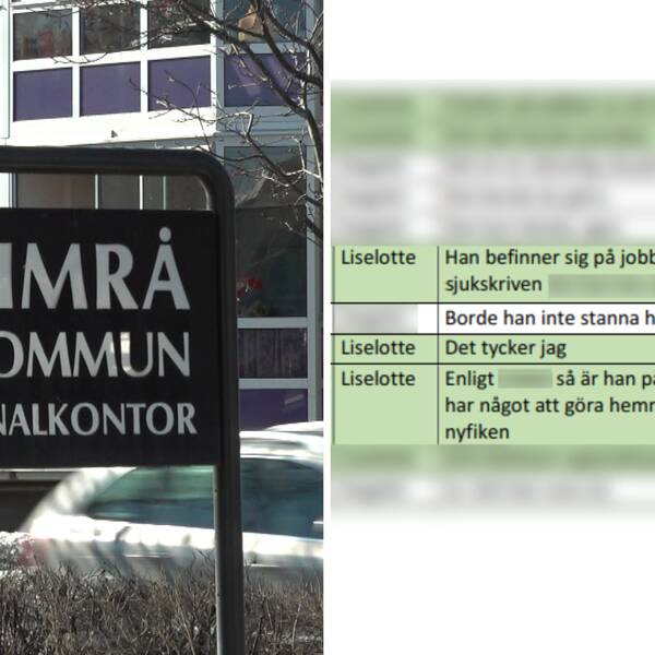 Bilden är ett montage. Till vänster syns en skylt där det står Timrå kommun och till höger i bild syns en sms-konversation mellan Liselotte och en vän.