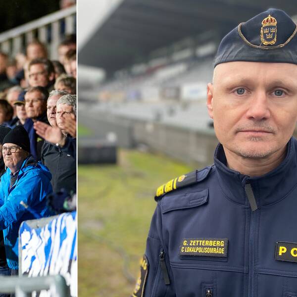 Tvådelad bild, tll vänster HBK-supportrar på en läktare, till höger polisen Gustav Rosén Zetterberg på Örjans vall.