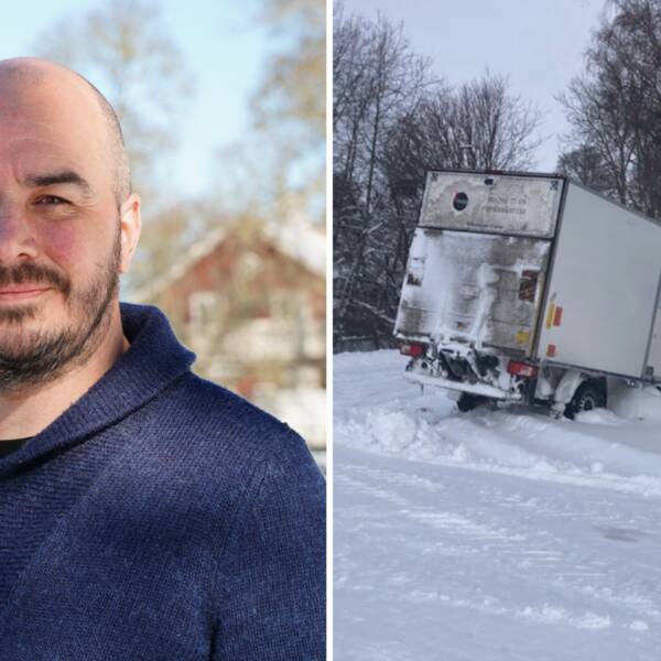 Kollage. Till vänster: Martin Ogden, ljus hy, mörka ögonbryn och skägg. Blå tröja. Till höger: En mindre, vit, lastbil har kört in i ett staket. Mycket snö på vägen och i sluttningen där lastbilen är.