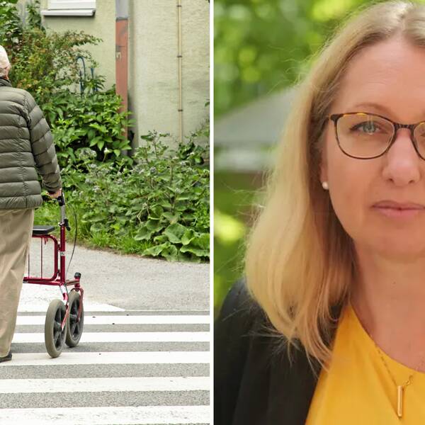 Tvådelad bild: En pensionär går med rollator över ett övergångsställe och forskaren Karin Modig fotograferad i en grön och lummig lund.