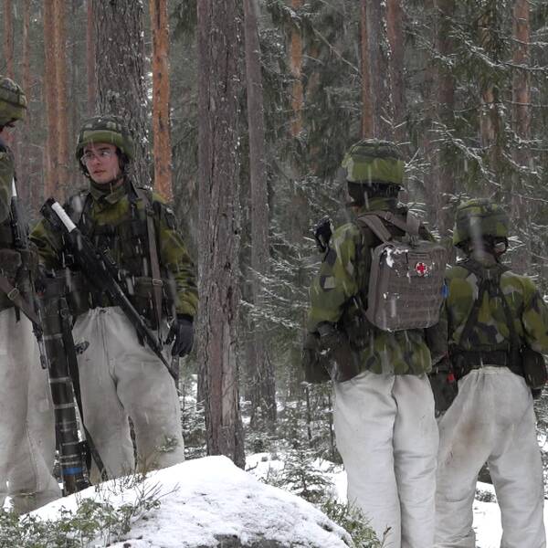 Fem värnpliktssoldater med grön kamouflage upptill och vita byxor. De står i en barrskog där det är snö på marken.