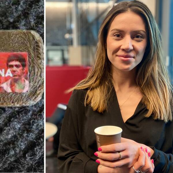 I bild till vänster: en brun förpackning med etiketten Montana och en bild på huvudpersonen i gangsterfilmen Scarface. I bild till höger försvarsadvokat Martina Michaelsdotter Olsson hållandes i papperskopp i händerna.