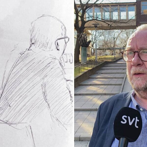 Skiss av den mordåtalade mannen till vänster med sin försvarare, advokat Per Näslund som också är intervjuad till höger.