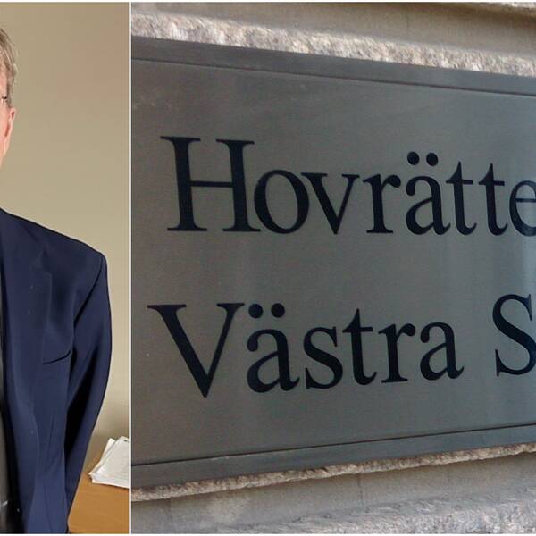 Delad bild. Till vänster Åke Thimfors i blå kavaj. Till höger en skylt till Hovrätten för Västra Sverige.