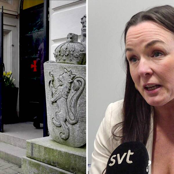 En tvådelad bild. Till vänster en bild på entrén till frimurarnas hus, till höger en bild på Linda Larsson (S) som intervjuas.