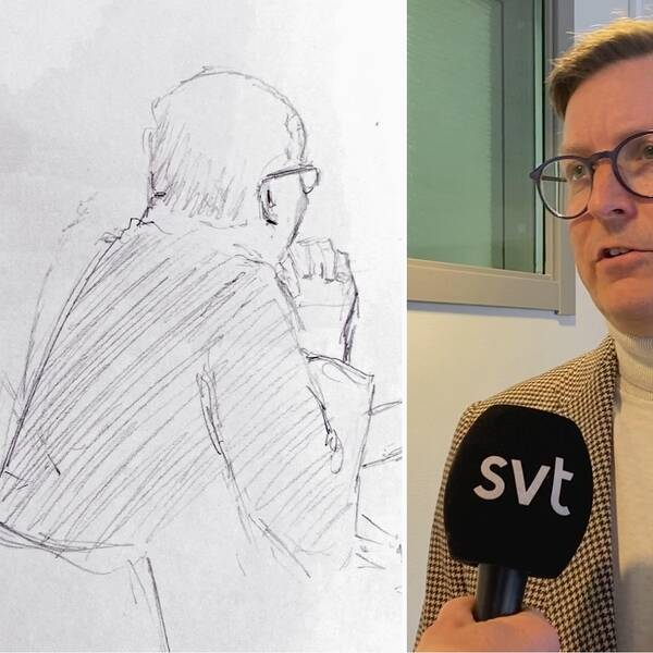 Skiss av den mordmisstänkte och hans försvarare / rättsläkaren Jonas Bergdahl.