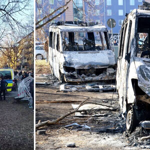 Man på polisbuss och maskerad folksamling i en park