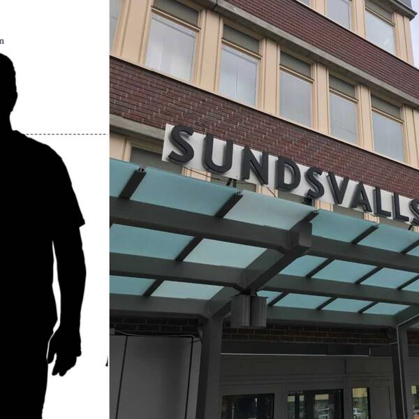 Till vänster ser man en tecknad bild på 46-åringens siluett. Man kan läsa av bilden att mannen är 187 cm lång. Bilden är ett montage och till höger i bild ser man Sundsvalls tingsrätt.