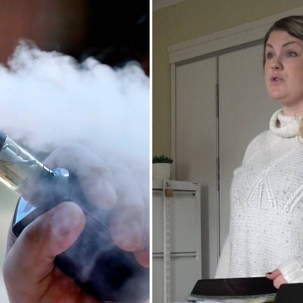 Två bilder: Person som röker e-cigg. Skolsköterskan Sofie Hall.