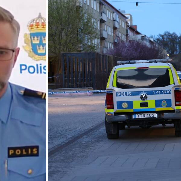 Bilden är delad i två. Den vänstra bilden är en bild på Robert Åkerström, tillförordnad biträdande lokalpolisområdeschef i Eskilstuna, tagen från en digital pressträff. Den högra bilden är en bild på en hundpolisbil, en polis och ett polisavspärrningsband i stadsdelen Nyfors i Eskilstuna.