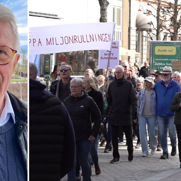 Demonstration i Växjö mot planer på det nya sjukhuset i Räppe. Marcus Turesson till vänster i bild är initiativtage till demonstrationen.