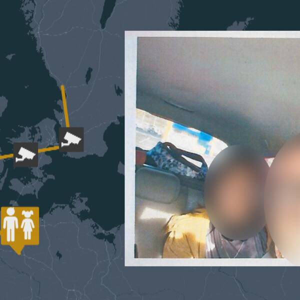 Kartbild på en rutt från södra Sverige genom Danmark till Tyskland. Även en bild på två personer i en bil vars ansikten blurrats.