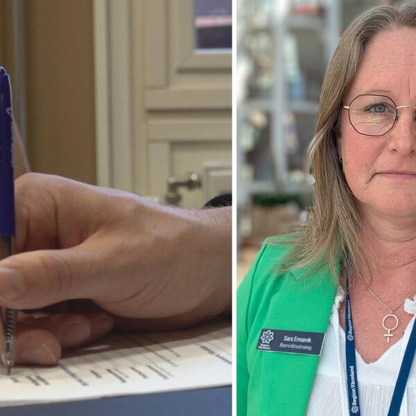 Hand med penna som fyller i en anmälan, till höger en medelålders kvinna med grön kavaj och glasögon.