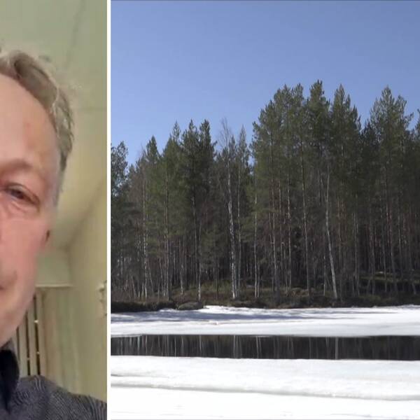 en bild på en man, och en bild på en älv med is och snö längs stränderna, och skog i bakgrunden