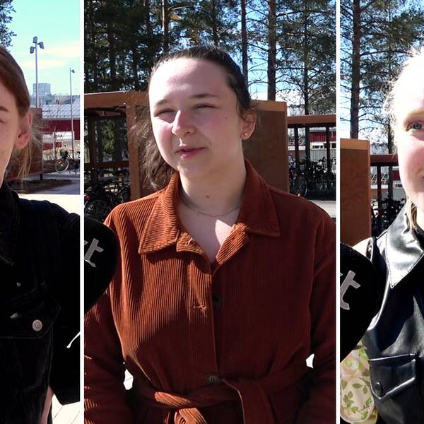 Bilden är ett montage av tre bilder. Den visar tre kvinnliga studenter som står utomhus.