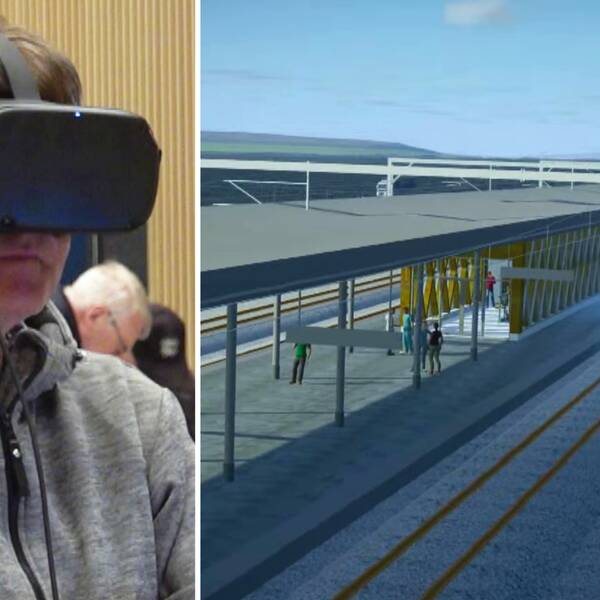 Besökare tittar i VR-glasögon på den animerade järnvägsstationen i Kiruna.