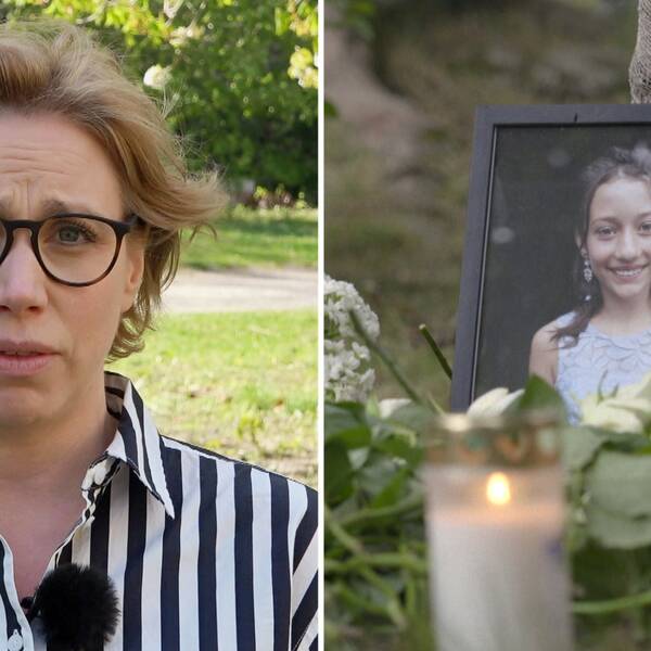 Bild på professor Sara Landström till vänster och en bild på Adriana i ram vid minnesplats till höger.