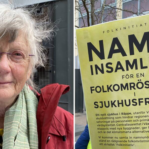 Till vänster Järda Blixt. Till höger: Skylt med information om namninsamlingen.