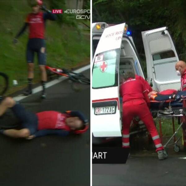 2020 års vinnare av Giro d'Italia, Tao Geoghegan Hart, fick föras bort med ambulans efter kraschen.