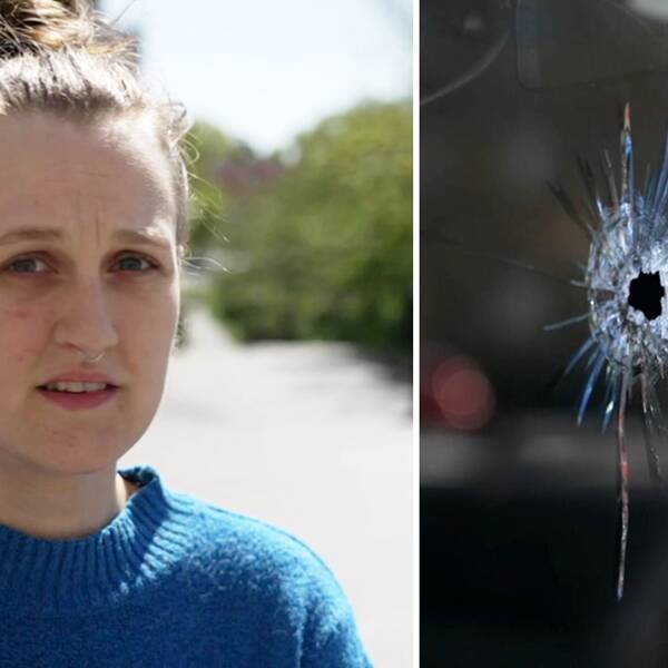 På bilden syns Rågsvedsbon Klara Wigur Åkerman samt en närbild på ett skotthål i fönstret på pizzerian, där nattens dödsskjutning i Rågsved skedde. – Det är väldigt läskigt att den här typen av våld pågår precis utanför ens dörr, säger Klara Wigur Åkerman.