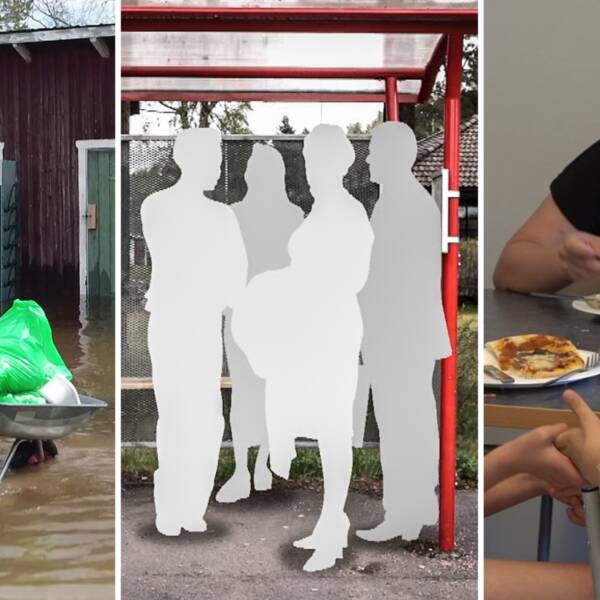 kvinna som drar skottkärra, silhuetter framför busskur, barn som äter skolmat