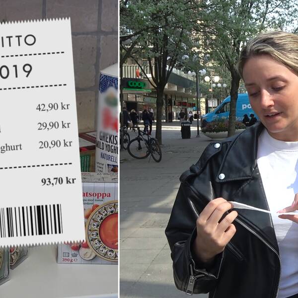 Reporter håller upp ett kvitto. Där hon jämför matpriserna mellan 2019 och 2023.