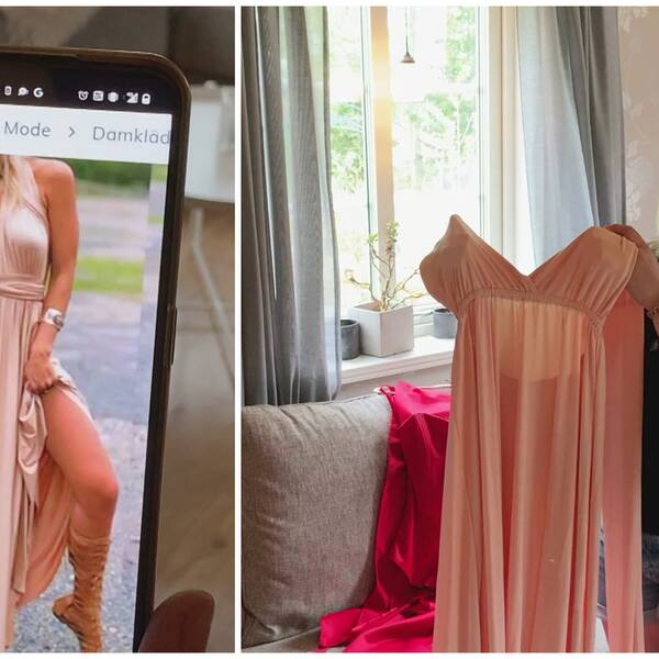 Kvinna som håller i klänning, mobil med originalbild på klänningen.