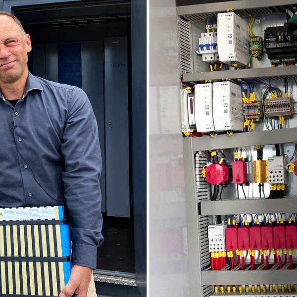 Geert Schaap, chef för teknik och innovation på Svelandstrafiken, står och håller i ett stort batteri.