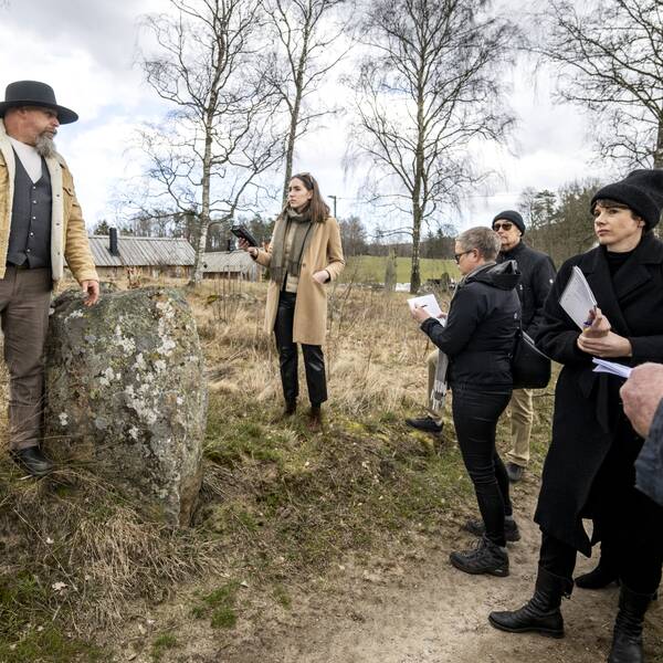 Vikingabyns ägare Oddvar Lönnerkrantz vid en av stenarna på Vätteryds gravfält. Han gestikulerar och förklarar för tingsrättens ledamöter som har syn på plats. Bilden är tagen under rättegången i Hässleholms tingsrätt.