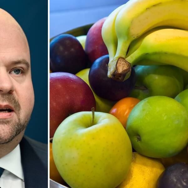 Peter Kullgren i kostym, landsbygdsministern i en bild till vänster. Frukt i en skål i en bild till höger. Bananer, äpplen och citrusfrukter.