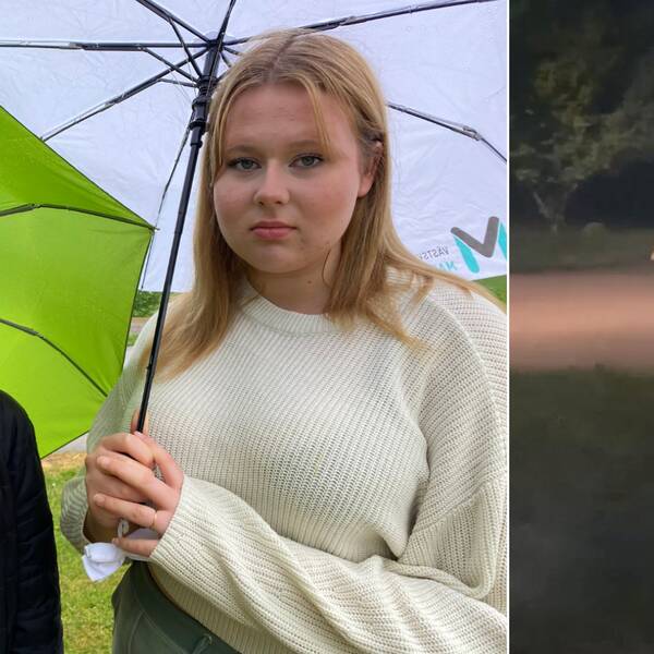 Två unga tjejer tittar in i kameran under paraplyn. Till höger bild på en ensam varg mitt i gatan.