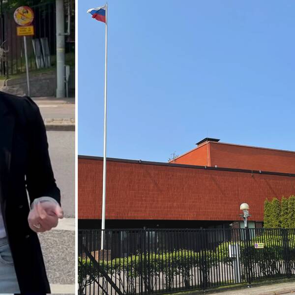 SVT-reporter Valeria Helander till vänster. Till höger det ryska konsulatet i Göteborg.