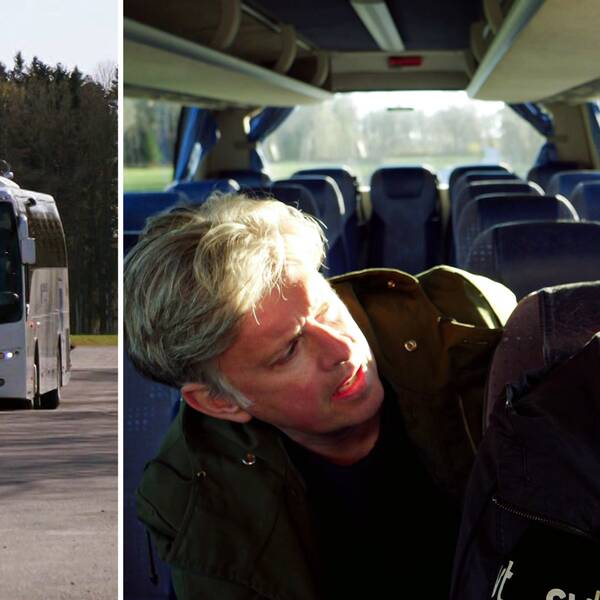 Buss till vänster, Henrik Kruusval som intervjuar en annan man inne i bussen till vänster.