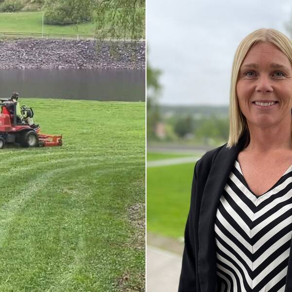 Kollage: Till vänster en gräsklippare på gräsmatta. Till höger Sandra Sahlberg, arbetsmarknadschef vid Sollefteå kommun. Hon har axellångt ljust hår, svartvit-randig tröja och svart kavaj.