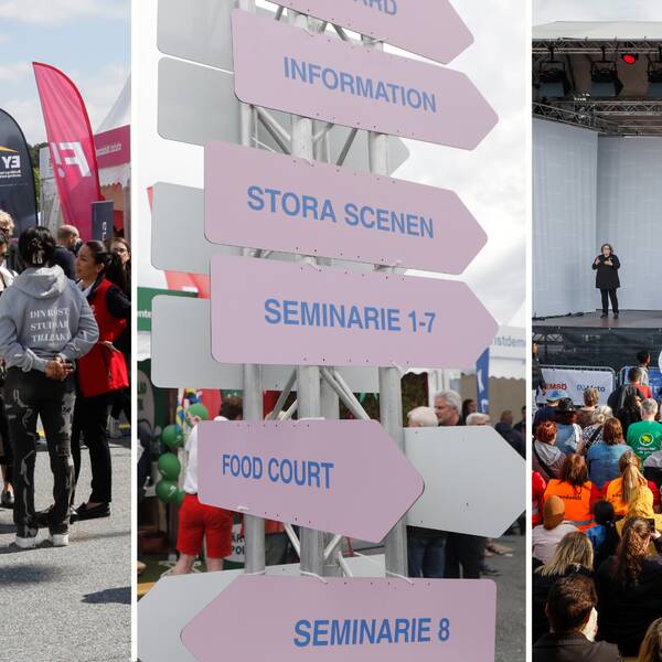 Kollage av bilder från tidigare års Järvavecka. Tält med Moderaterna och Feministiskt initativ. Vägvisande skylt inne på området och stora scenen där Socialdemokraternas partiledare Magdalena Andersson (S) håller tal.
