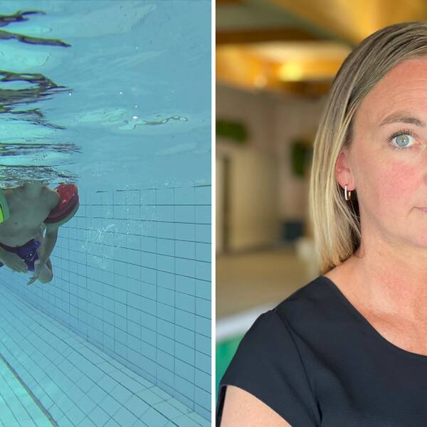 En tvådelad bild. Till vänster en undervattensbild på ett barn som simmar, till höger en porträttbild på Veronika Wintvik.