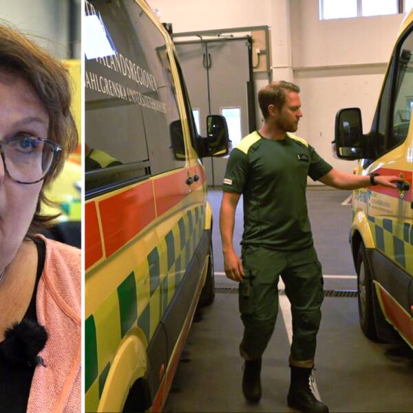 Elisabet Hammar, verksamhetschef på SU Ambulans. Äldre kvinna med glasögon och brunt hår. Till höger en man som öppnar dörren till en ambulans.