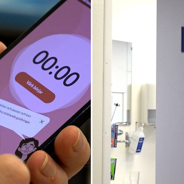Tvådelad bild: På en mobiltelefonskärm syns en app som ska hjälpa kvinnor att förbereda sig för en förlossning samten halvt öppen dörr till förlossningen på ett sjukhus.