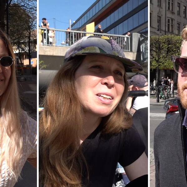 Två kvinnor en en man i solig stadsmiljö i Stockholm pratar om jobb i Norrland och Jämtland.