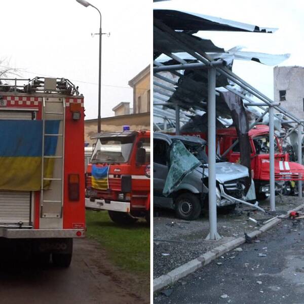 Brandbil med norsk och ukrainsk flagga. Sönderbombad brandstation med trasiga fordon.