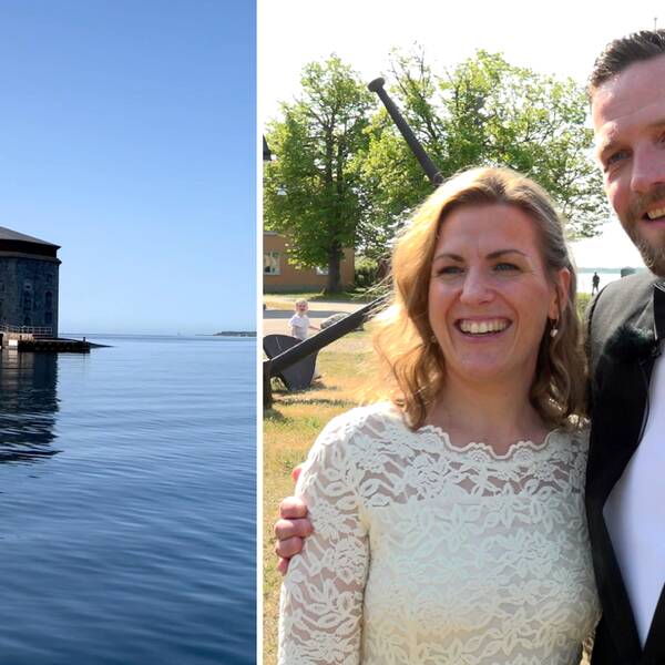 Tvådelad bild: Fästningstornet Godnatt iutanför Karlskrona och paret Malin Durdel och Lars Mårtensson i bröllopskläder efter att de precis gift sig.